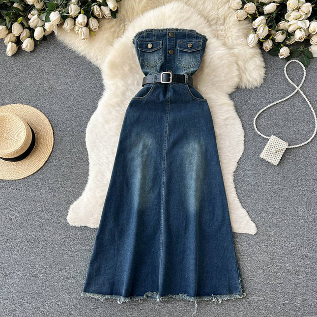 Style Temperament Slimming One Line Shoulder Chest Vintage Denim Large Swing A-Line Long Dress