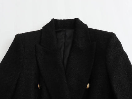 Notched Collar Double Breasted Black Color Casual Fashion Tweed blazer for Women