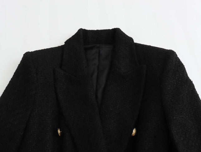 Notched Collar Double Breasted Black Color Casual Fashion Tweed blazer for Women