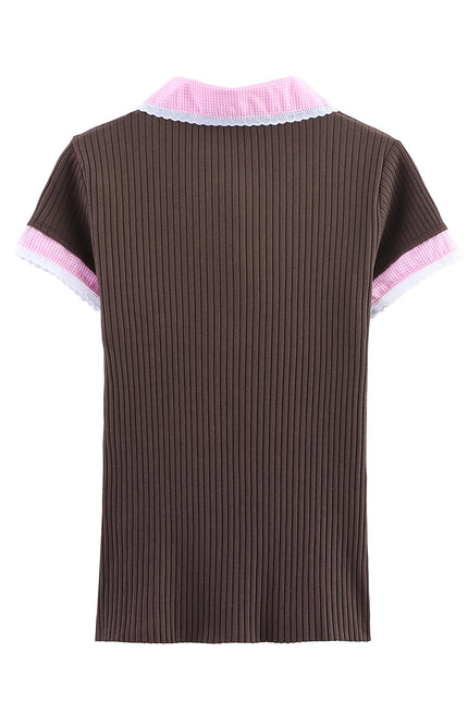2 Colorway Turn Down Collar Solid Color Short Sleeve Knitted Casual Fashion Polo t Shirt for Women
