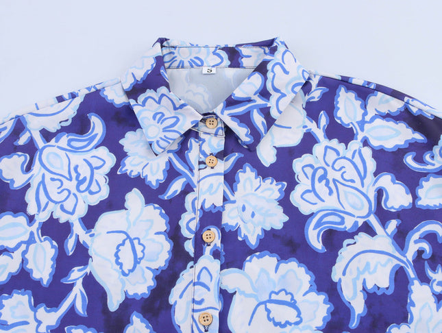 Floral Print Blue Color Buttons up Short Sleeve Casual Fashion Tops Blouse for Women