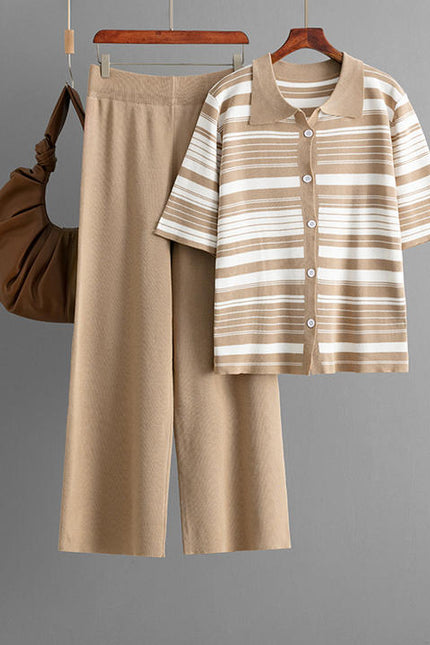 New European Design Striped Print Knit T Shirt Pants Set Women Knit 2 Pieces Sets Clothing