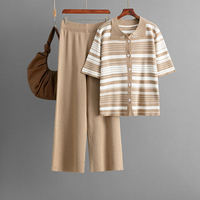 New European Design Striped Print Knit T Shirt Pants Set Women Knit 2 Pieces Sets Clothing