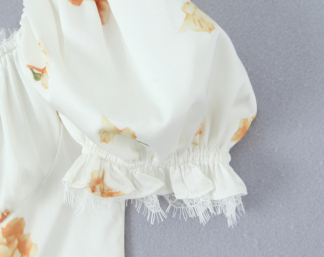 Square Collar Floral Print Lace up White Color Short Sleeve Casual Fashion Summer Mini Dress for Women