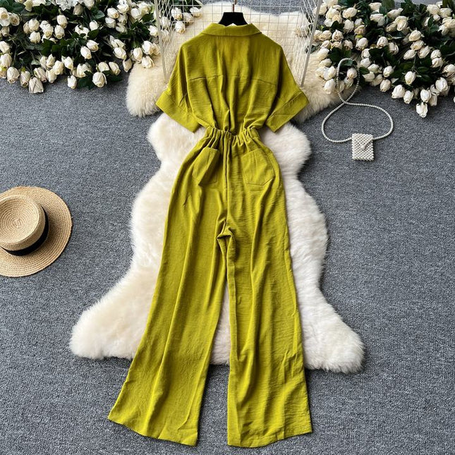 Summer Women's New Jumpsuit Lapel Short Sleeve High Waist Casual Jumpsuit