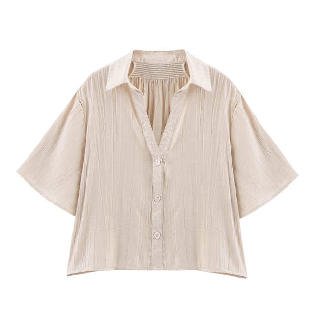 3 Colorway Solid Color Short Sleeve Turn Down Collar Buttons up Casual Fashion Tops Blouse for Women
