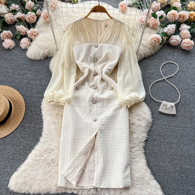 Mulher Mesh Splicing Split V-Neck Lanterna Manga Cintura Vestido