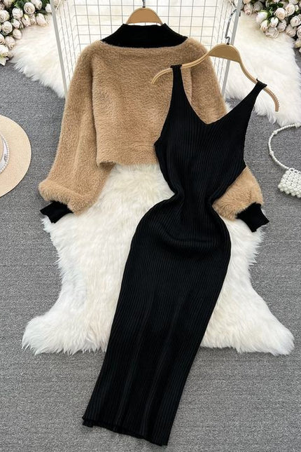 Autumn Winter Fashion New High Quality Long Sleeve Knitted Cardigan Sweater Vest Dress Set Women