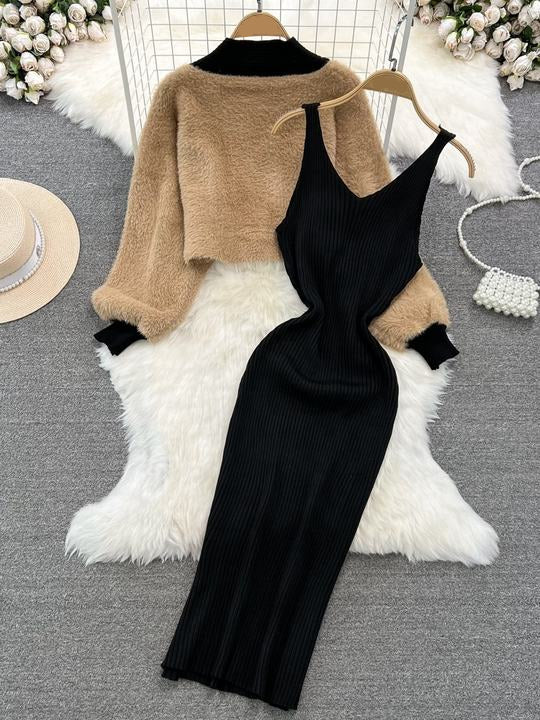 Autumn Winter Fashion New High Quality Long Sleeve Knitted Cardigan Sweater Vest Dress Set Women