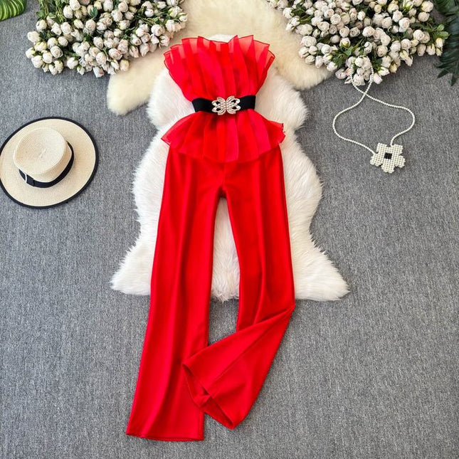Elegant and Sexy Mesh Spliced One Shoulder Ruffled Edges Cinched Waist for Slimming Jumpsuit