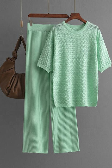 Summer New Solid Color Hollow Casual Round Neck Fashion Suit Short Sleeve Trousers Knit Two-piece Set