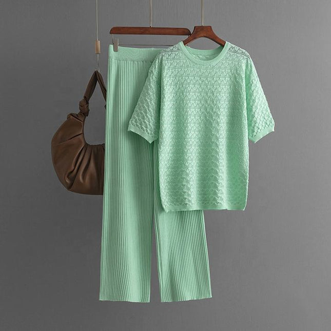 Summer New Solid Color Hollow Casual Round Neck Fashion Suit Short Sleeve Trousers Knit Two-piece Set