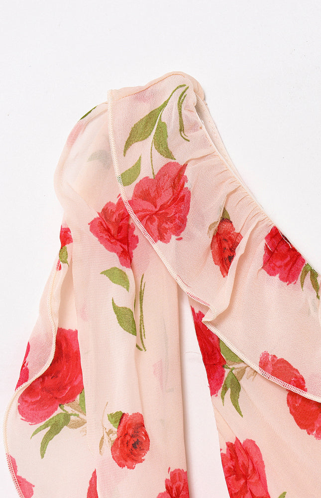 Asymmetrical Design Floral Print pink Color Sashes Casual Fashion Long Dress for Women