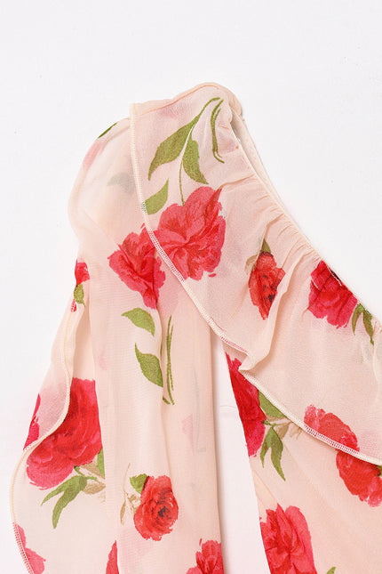 Asymmetrical Design Floral Print pink Color Sashes Casual Fashion Long Dress for Women