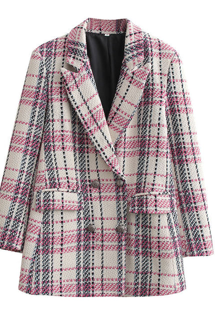 Double Breasted Plaid Pattern Long Sleeve Notched Collar Casual Tweed blazer for Women