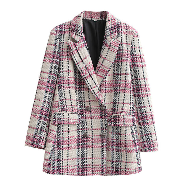 Double Breasted Plaid Pattern Long Sleeve Notched Collar Casual Tweed blazer for Women