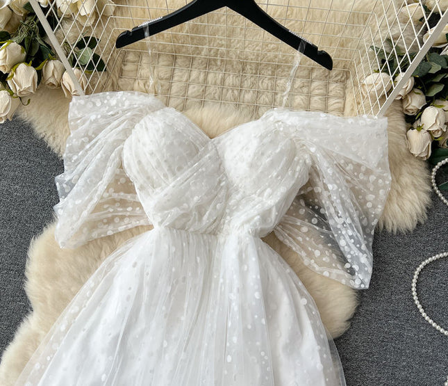 Women's Summer French Light Luxury Small Collection Waist Gauze Shampan Dress White Light Wedding Dress