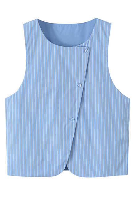 Crew Neck Striped Print Blue Color Buttons up Casual Fashion Vest Waistcoat for Women