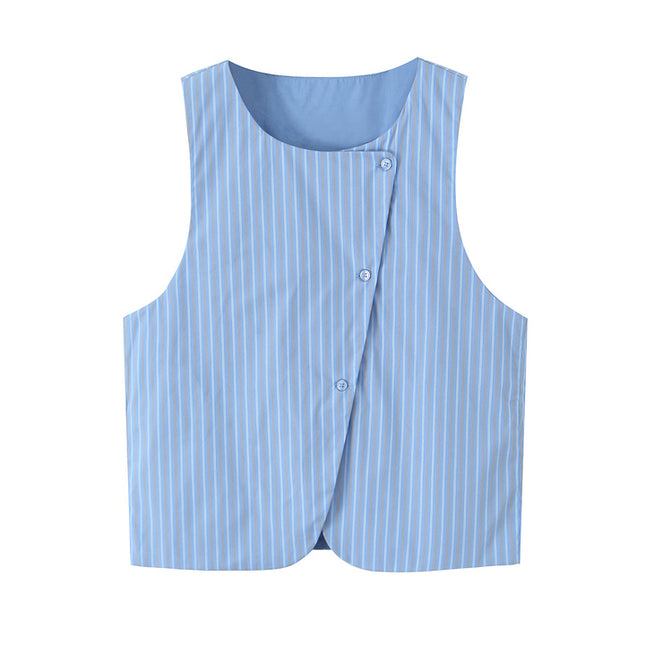 Crew Neck Striped Print Blue Color Buttons up Casual Fashion Vest Waistcoat for Women