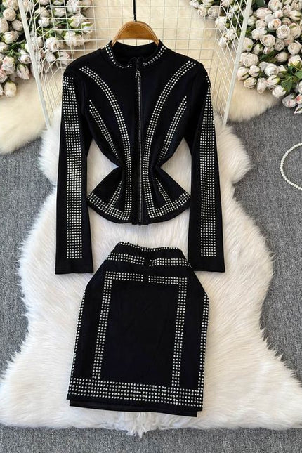 Spring and Autumn New Hot Diamond Cardigan Zipper Top+Hot Diamond A-line Skirt Internet Red Two Piece Set for Women