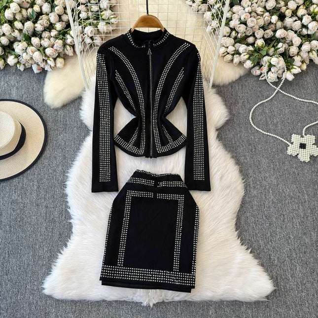 Spring and Autumn New Hot Diamond Cardigan Zipper Top+Hot Diamond A-line Skirt Internet Red Two Piece Set for Women
