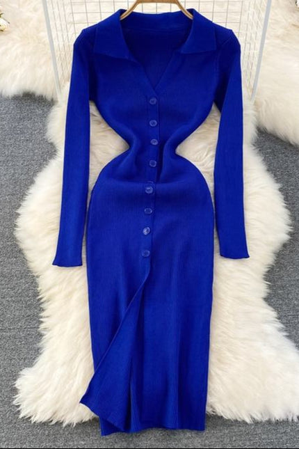 Spring and Autumn V-neck Women's Long Sleeve Knit Split Tight Dresses