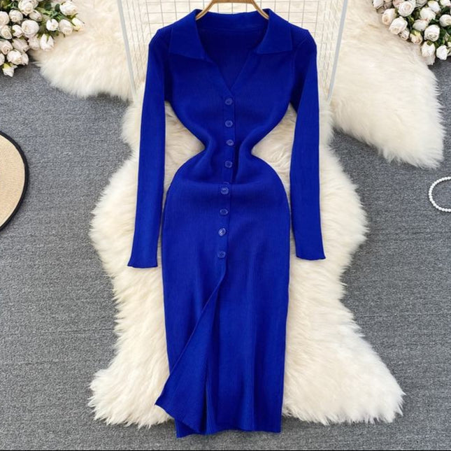 Spring and Autumn V-neck Women's Long Sleeve Knit Split Tight Dresses
