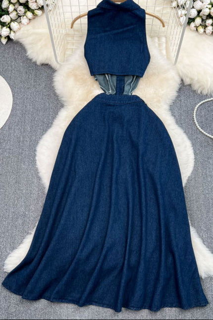 Vintage Lapel Cut-Out Waistless Sleeveless A-Line Split Denim Dress