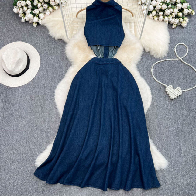 Vintage Lapel Cut-Out Waistless Sleeveless A-Line Split Denim Dress
