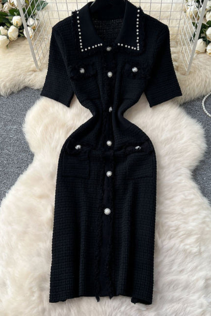 Boutique Sexy V-neck Knitted Dress Summer Dress Women's Casual Elegant Short Sleeved Button Knitted Dress