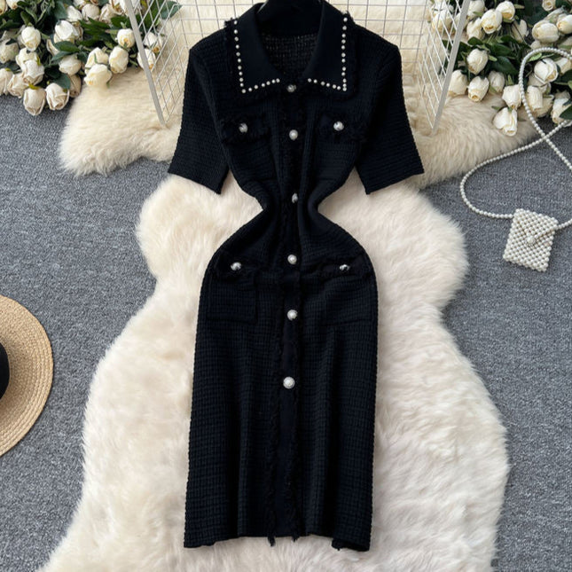 Boutique Sexy V-neck Knitted Dress Summer Dress Women's Casual Elegant Short Sleeved Button Knitted Dress