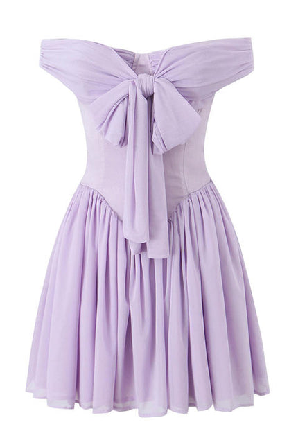Purple Color Front Bow Tie Sleeveless Slash Neck Casual Fashion Ladies Mini Dress