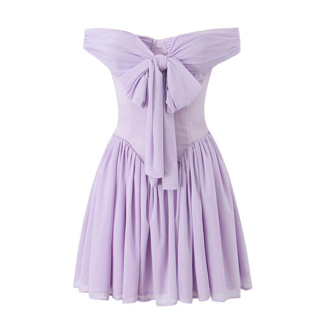 Purple Color Front Bow Tie Sleeveless Slash Neck Casual Fashion Ladies Mini Dress