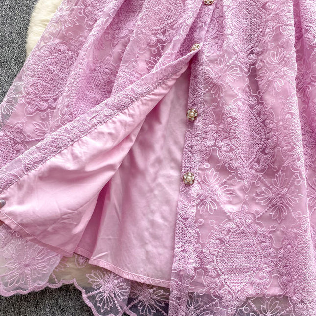 Verão francês Vintage elegante laço bordado lapela vestido vestidos