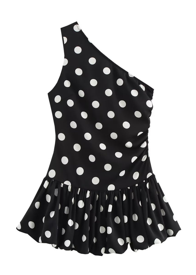 Asymmetrical Design Black White Color Polka Dot Print Casual Fashion Summer Mini Dress for Women