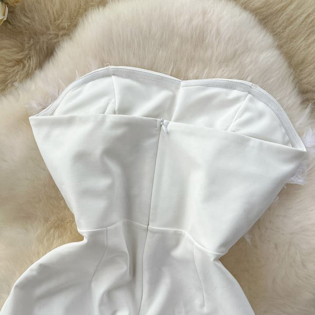 Summer New Sleeveless Sexy White Feather Splicing Chest Slimming Jumpsuit