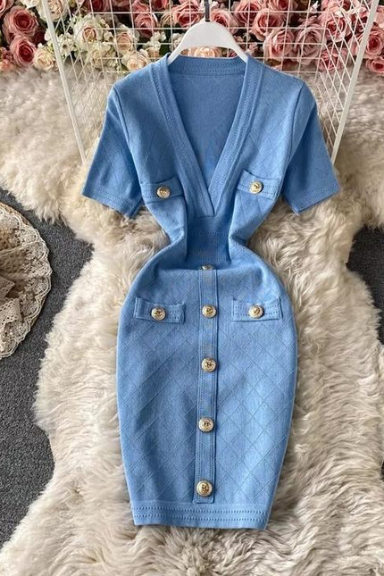 Wholesale V Neck Short Sleeved Knit Jersey Bodycon Dress Women Slim Casual Summer Dresses Vestido
