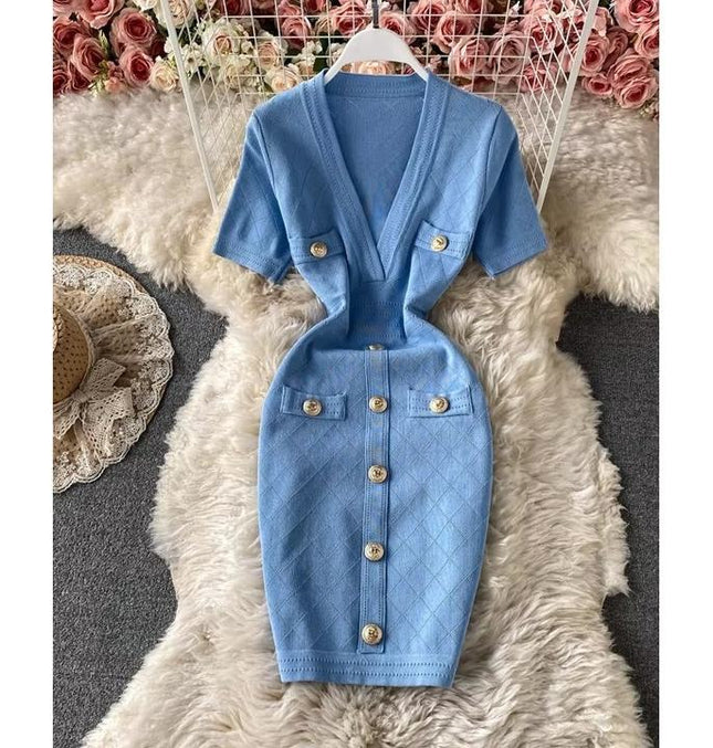 Wholesale V Neck Short Sleeved Knit Jersey Bodycon Dress Women Slim Casual Summer Dresses Vestido