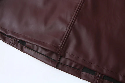 Crew Neck Burgundy Color Single Breasted Long Sleeve Casual Fashion PU Leather Jacket for Women