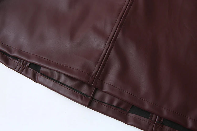 Crew Neck Burgundy Color Single Breasted Long Sleeve Casual Fashion PU Leather Jacket for Women