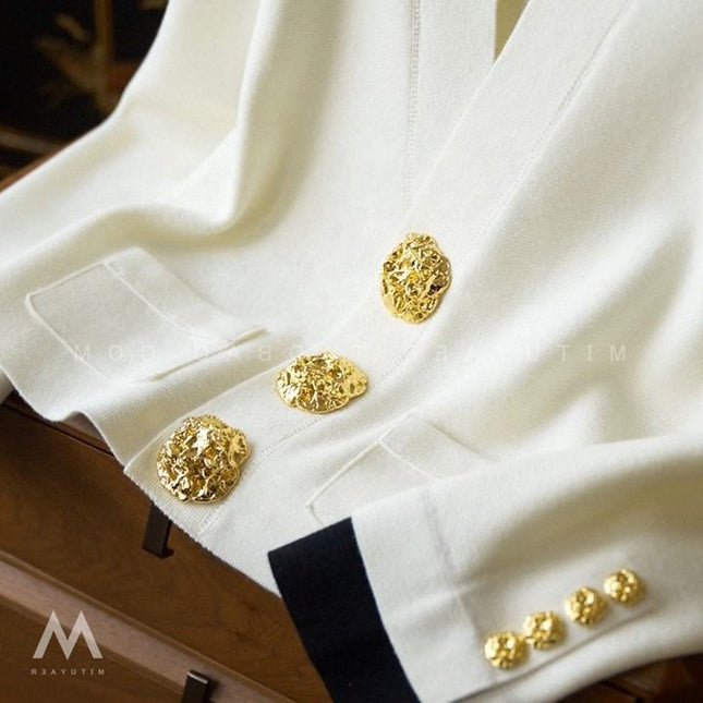 Knit Cardigan Women's Tops Autumn New Black and White Clashing Gold Buckle V-Neck Coat Jacket