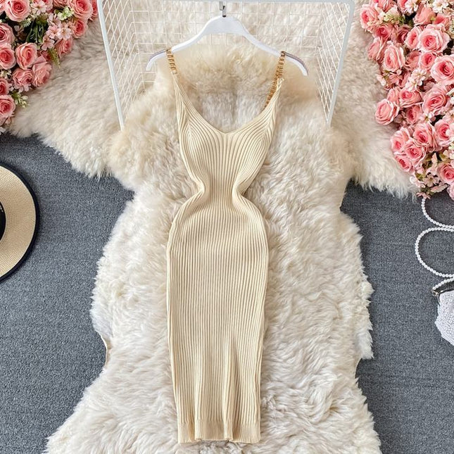 2024 Verão Novo Temperamento Sexy Malha Cadeia Halter Vest Slim Vestidos Apertados