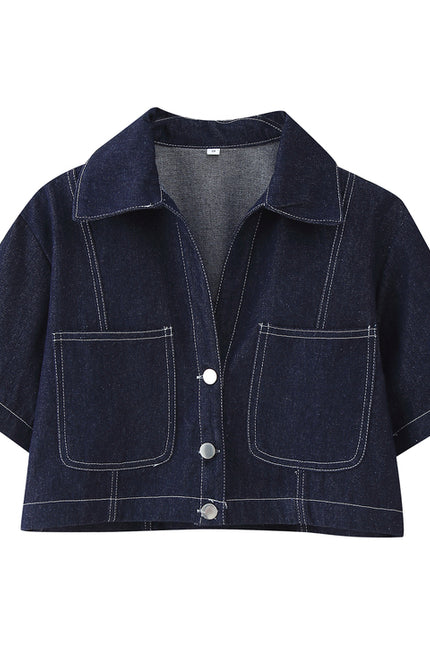 Turn Down Collar Single Breasted Short Sleeve Denim Blue Color Casual Fashion Jeans Tops Blouse for Women