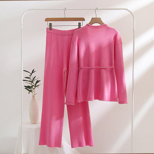 Soiling High Quality Winter Autumn Knitted Solid Color Long Sleeve V Neck H Type 2 Piece Set Women Sweater Suit
