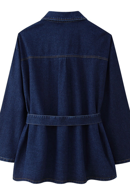 Denim Blue Color Sashes Long Sleeve Turn Down Collar Casual Fashion Jeans Jacket for Women