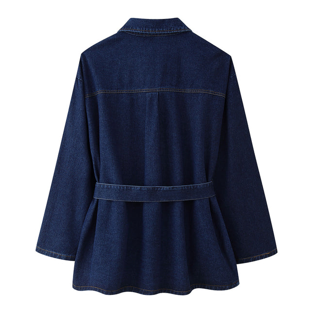 Denim Blue Color Sashes Long Sleeve Turn Down Collar Casual Fashion Jeans Jacket for Women