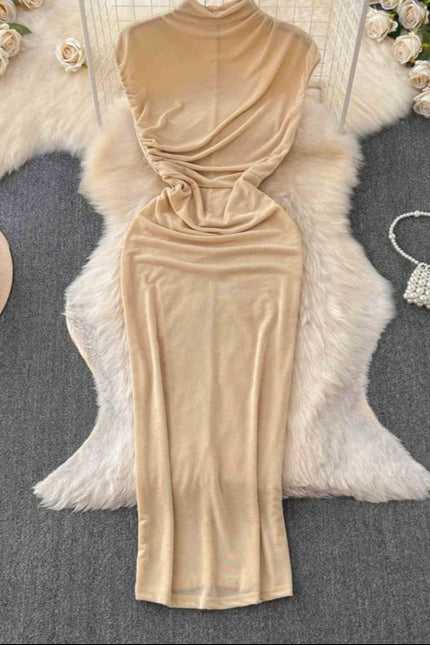Dress goddess style temperament scheming pleated waist slimming half high collar skirt European and American long skirt