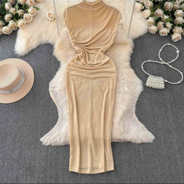 Dress goddess style temperament scheming pleated waist slimming half high collar skirt European and American long skirt