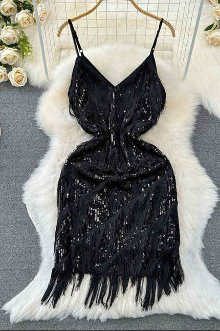 Women Sequined Tassel V-neck Mini Party Dresses Solid Color Luxury French Clubwear Straps Dress