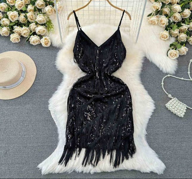 Women Sequined Tassel V-neck Mini Party Dresses Solid Color Luxury French Clubwear Straps Dress